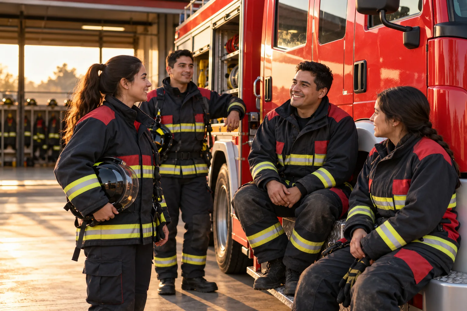 Bomberos voluntarios chilenos junto a un carro de emergencia en su cuartel
