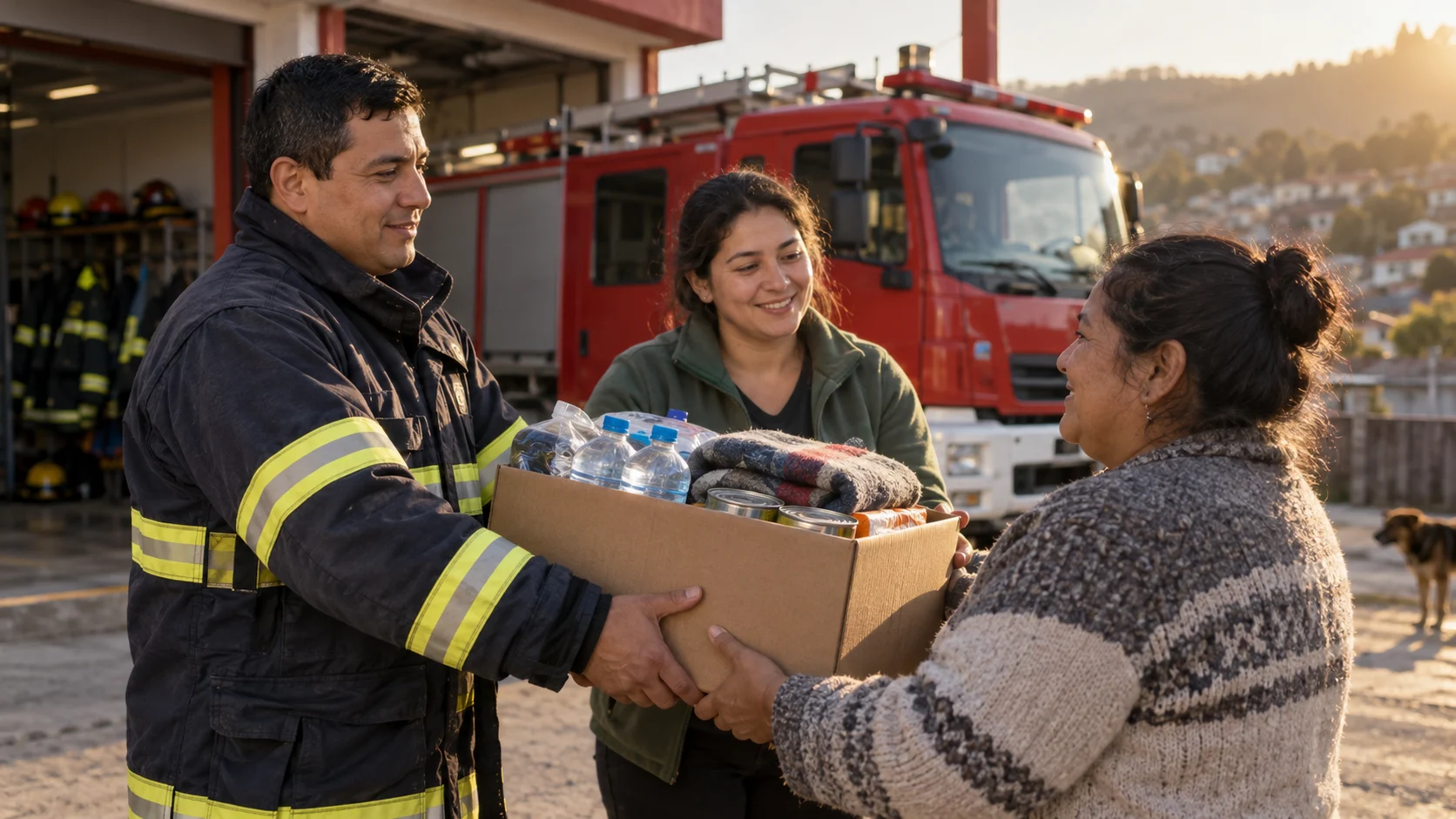 Un bombero y una voluntaria entregan suministros de emergencia a una persona de la comunidad.