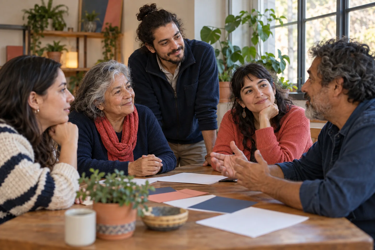 Voluntarios y coordinadores comparten una conversación alrededor de una mesa