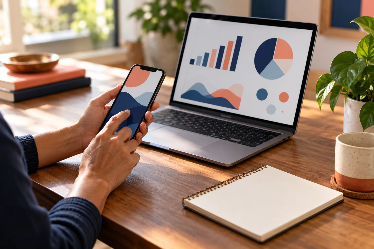 Manos utilizan un teléfono junto a herramientas digitales de gestión